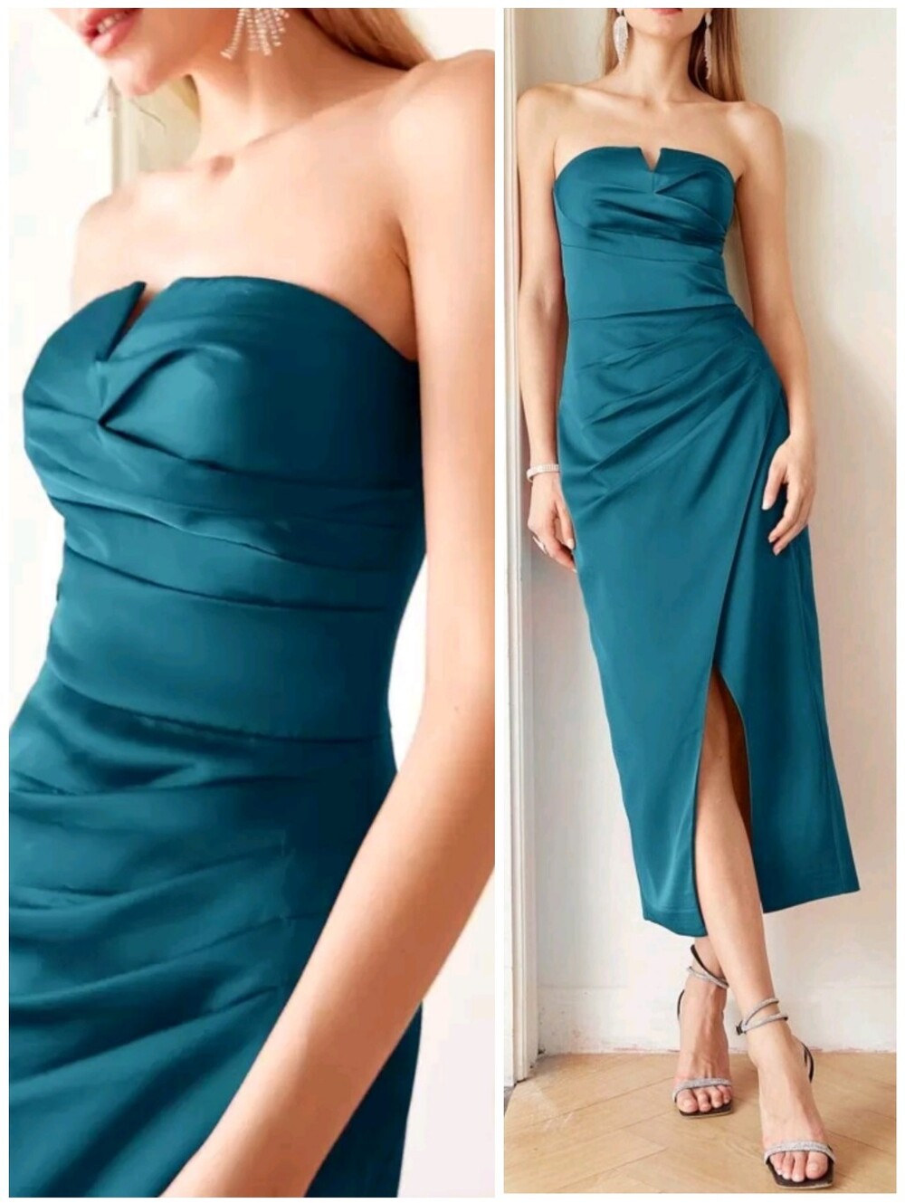 New Glam Satin Strapless Wrap Long Dress Deep Teal
